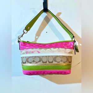 Coach Signature Multi-Stripe Bleeker Hobo Bag Colorful Logo Flower Charms Purse